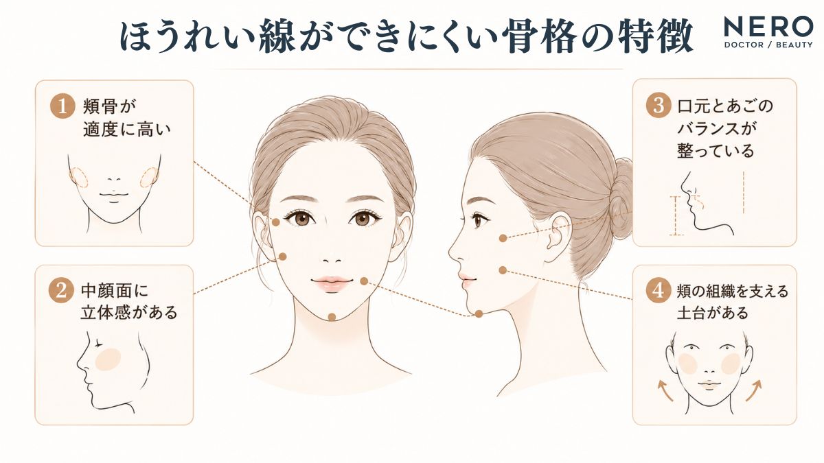 ほうれい線ができにくい骨格の特徴として、頬骨や中顔面、口元などの項目を示したイラスト