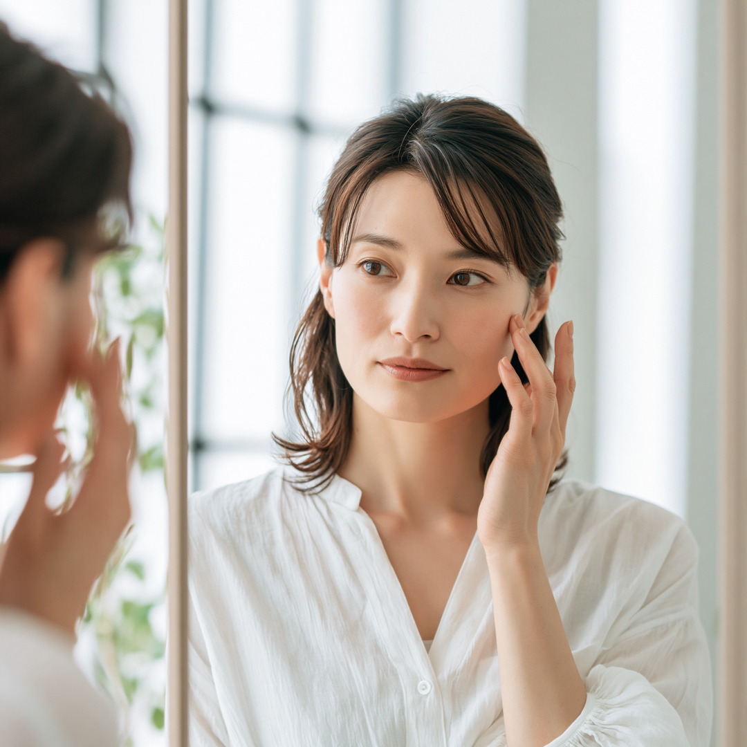 鏡を見ながら自身の肌を考える女性