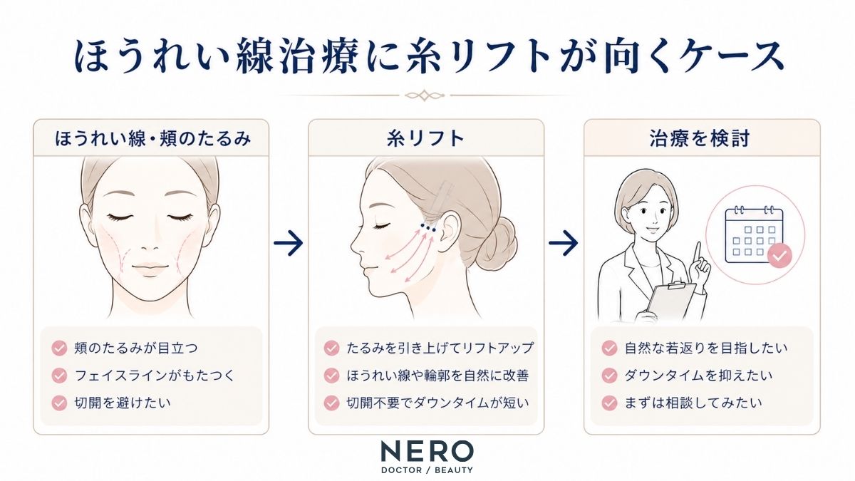 ほうれい線の糸リフトが検討されるケースを示した図