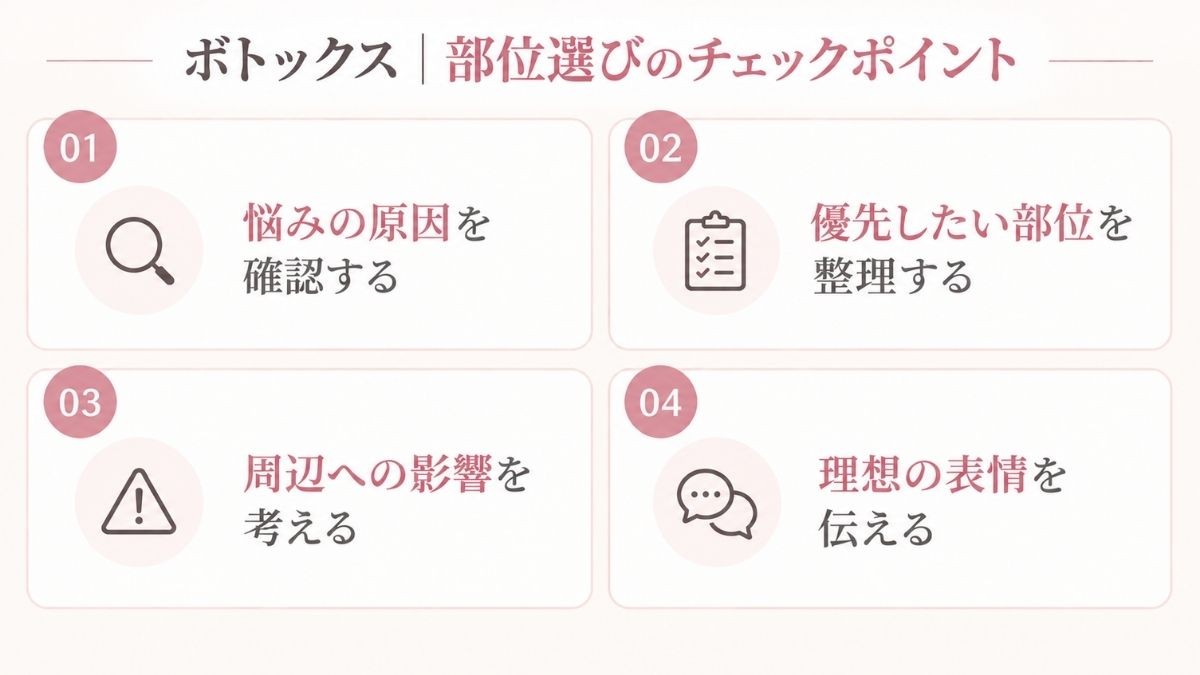 ボトックスの注入部位を選ぶ際に確認したいポイントをまとめた図