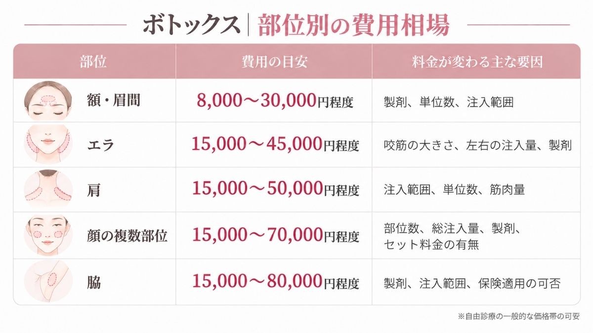 ボトックスの部位別費用相場と料金の変動要因をまとめた比較表