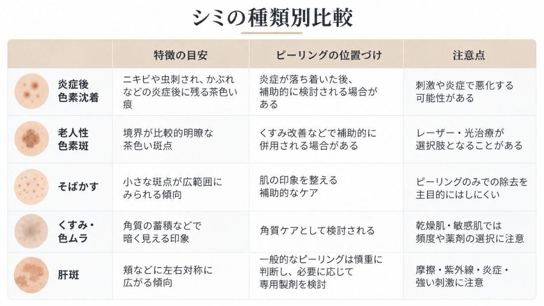 シミの種類別にピーリングの位置づけと注意点を比較した表
